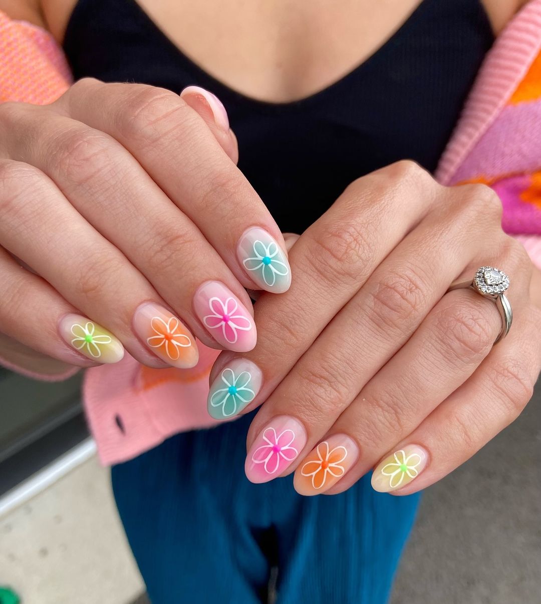 Rainbow Aura Nails With Flower Outlines