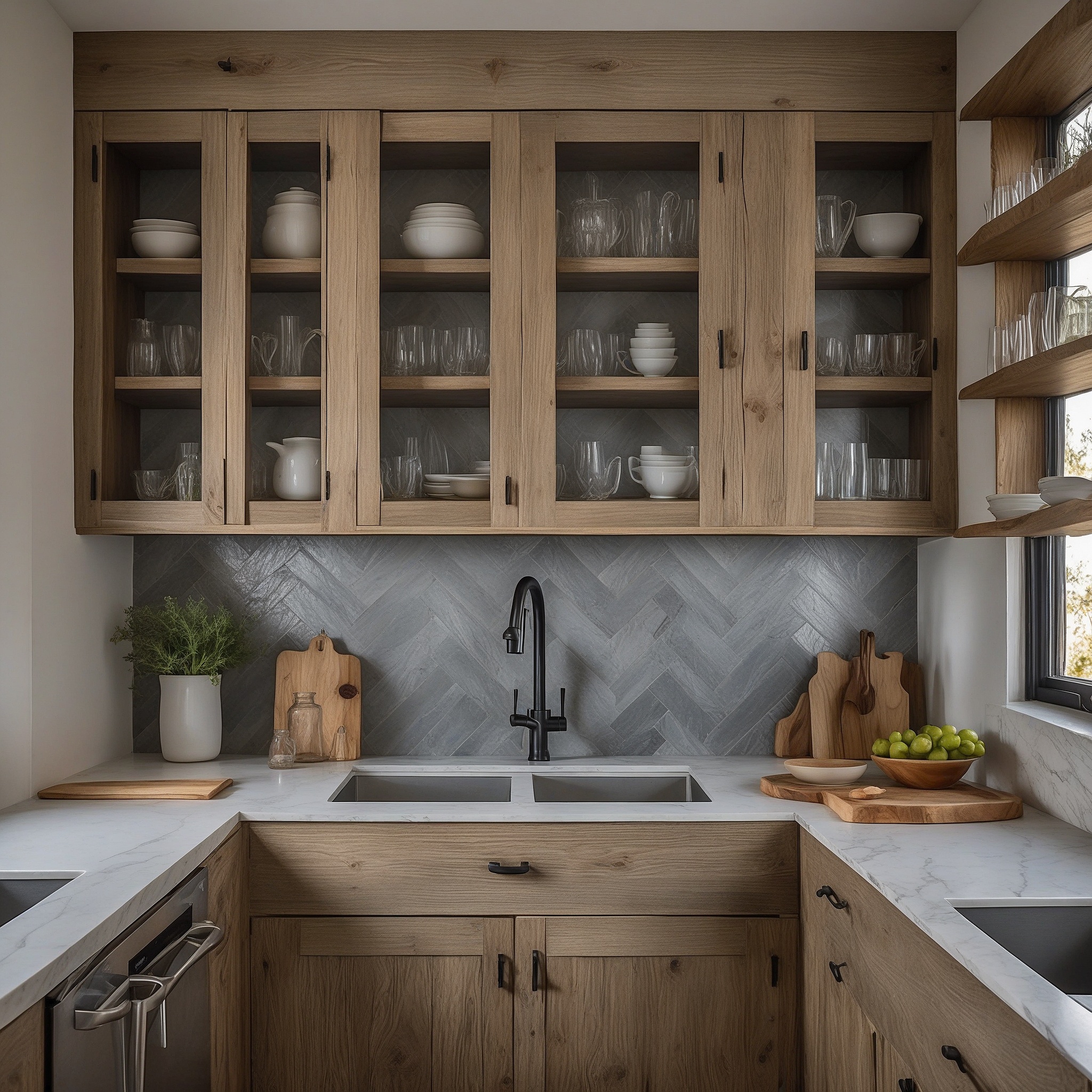 Reclaimed Wood Kitchen With Glass Upper Cabinets