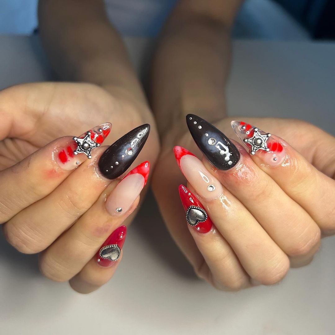 Red French mani With Black Nails And 3D Hearts