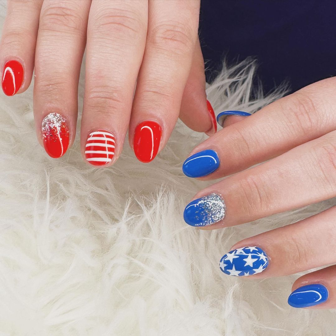 Red Hand Blue Hand Nails With Glitter Stripes And Stars