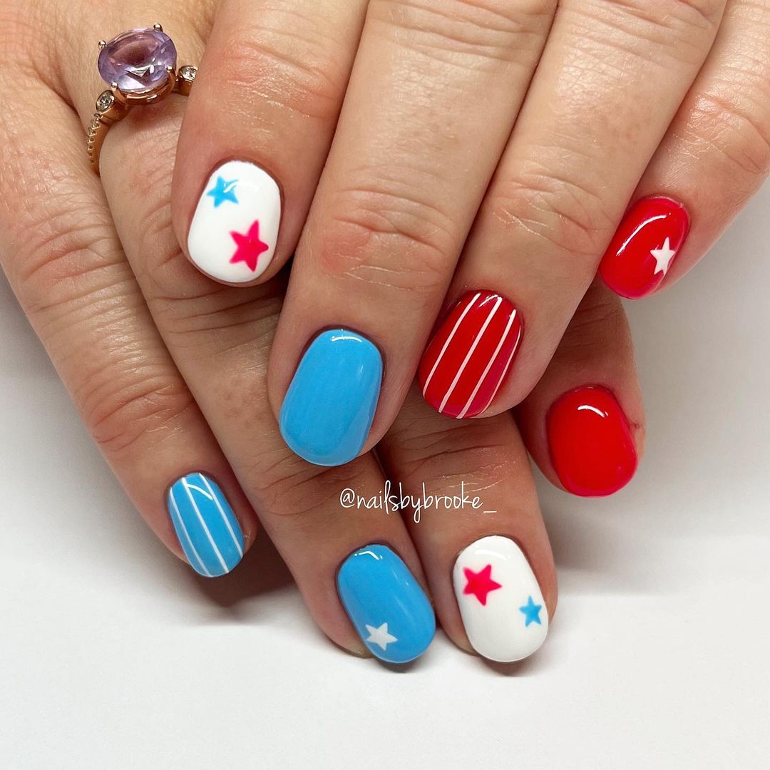 Red White And Blue Oval Nails With Stripes And Stars