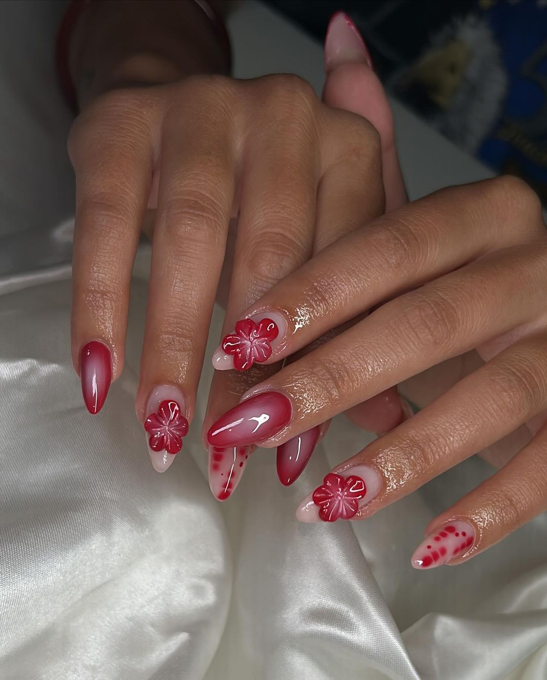 Red Wnd White Aura Nails With 3D Flowers