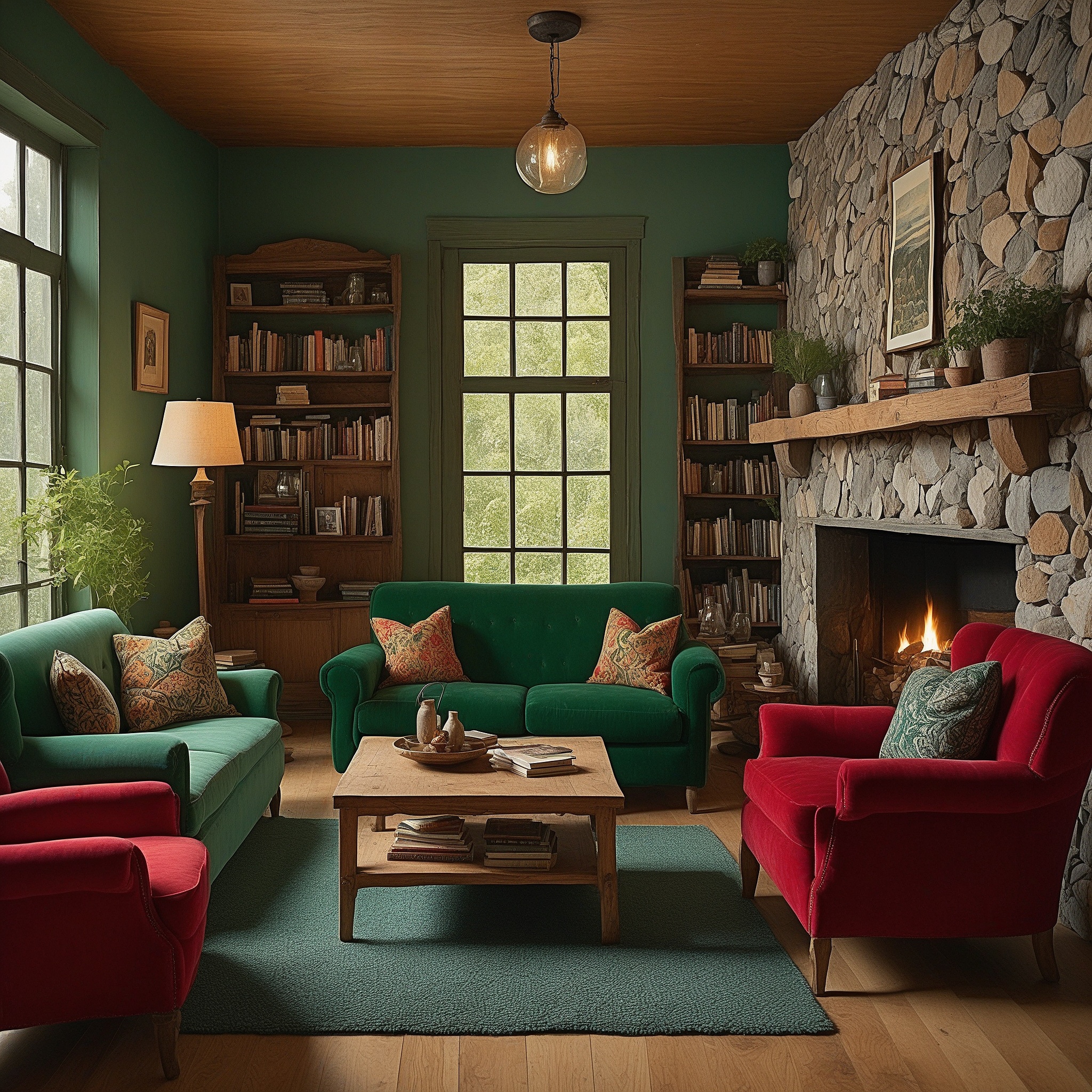 Red and Green Living room With Wood And Stone Details