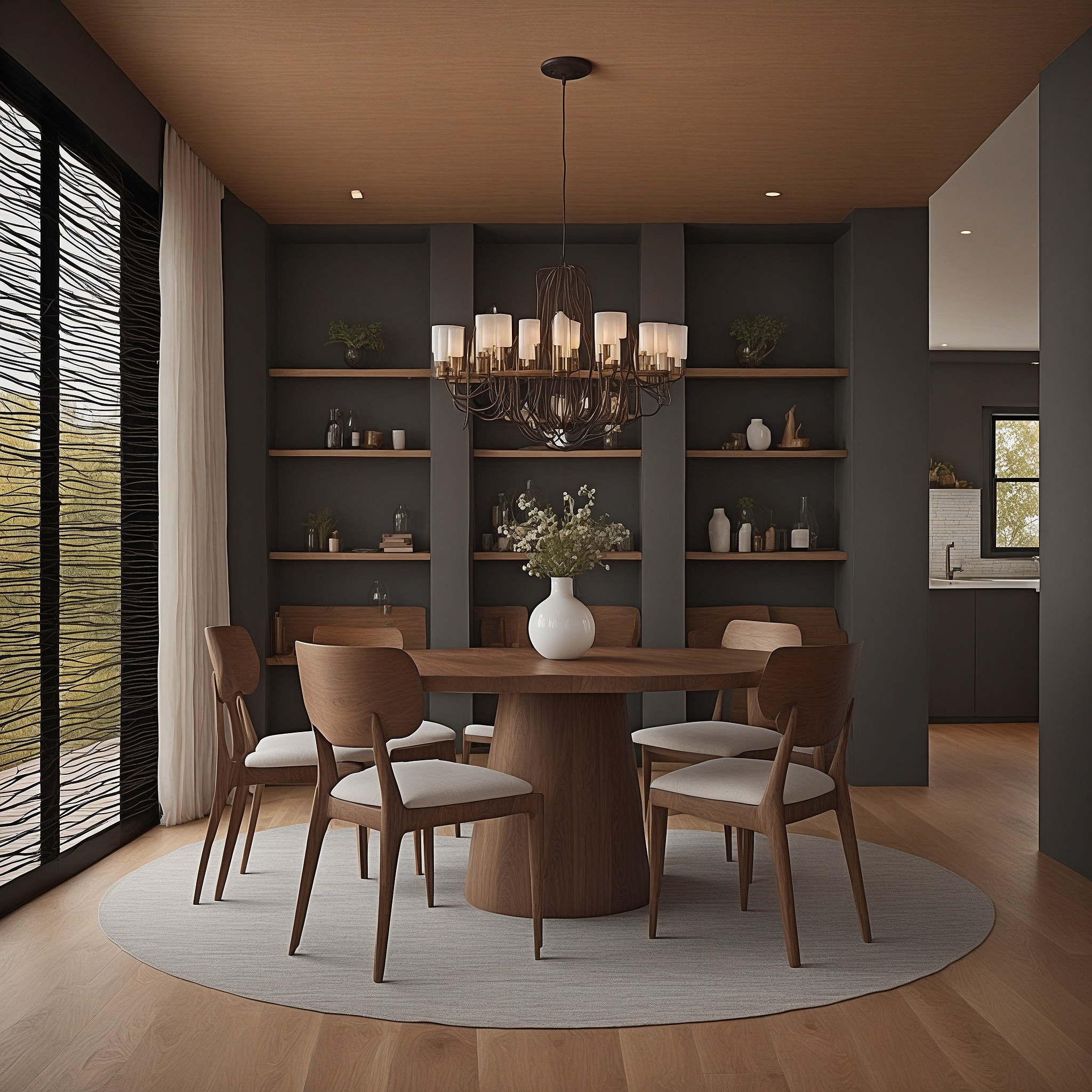 Round Wood Dining Room With Built-in Shelving Unit