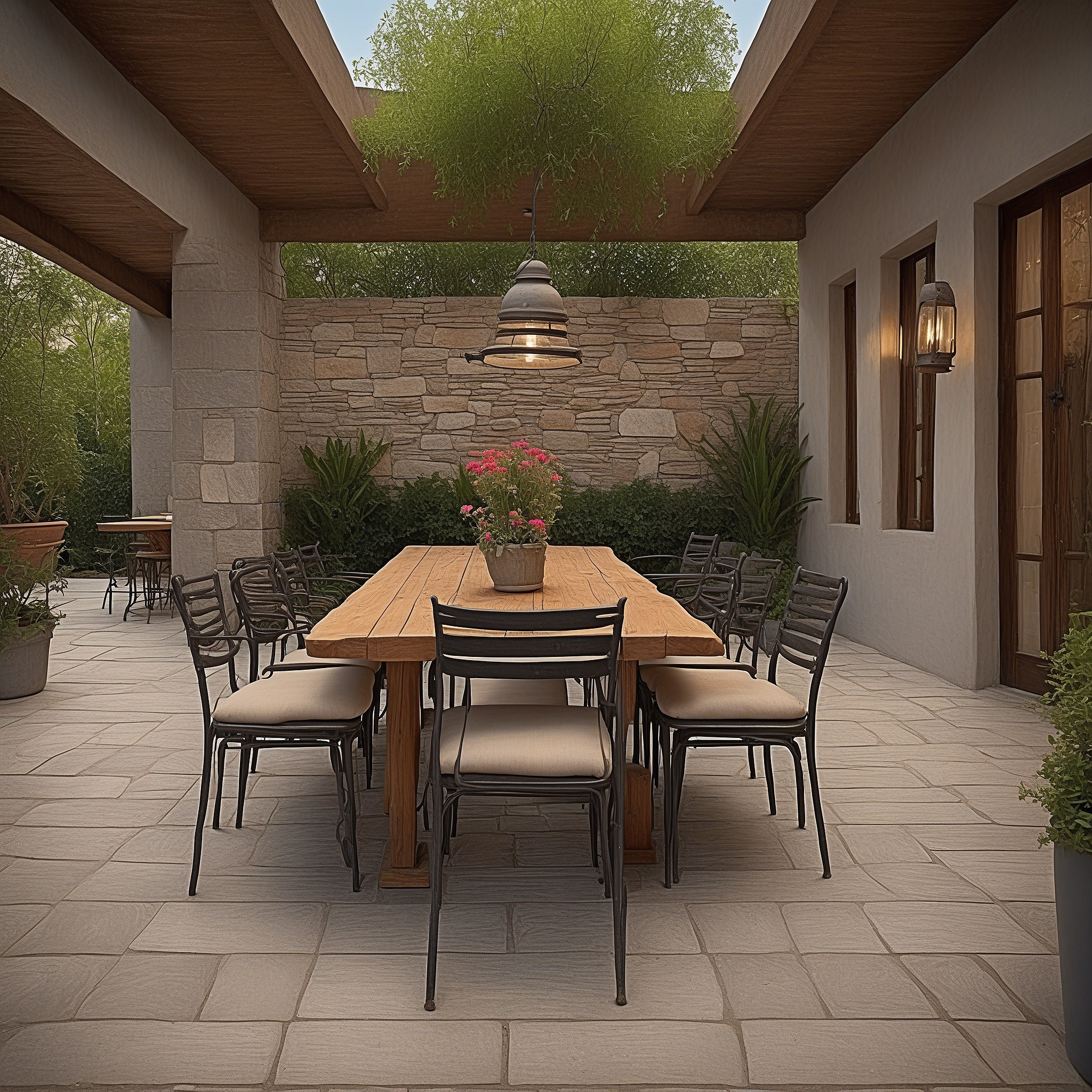 Rustic Back Patio with a Wooden Dining Table, Wrought Iron Chairs, and Lanterns