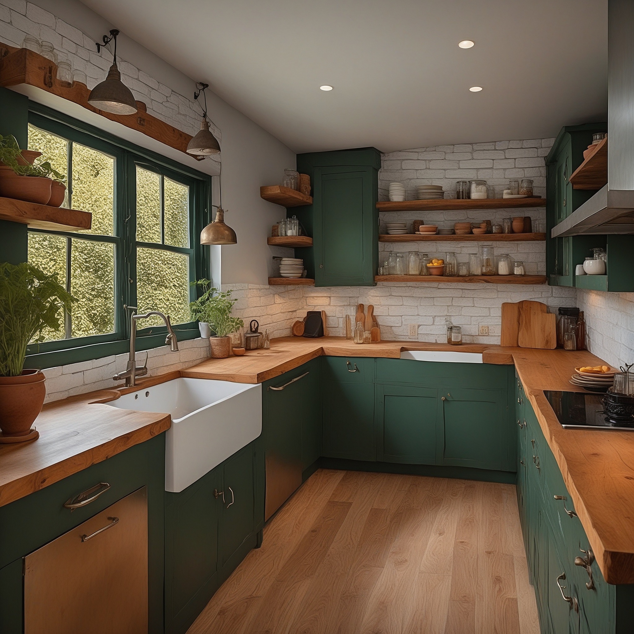 Rustic Kitchen With Forest Green Cabinets, Butcher Blick Countertops And Wooden Shelves