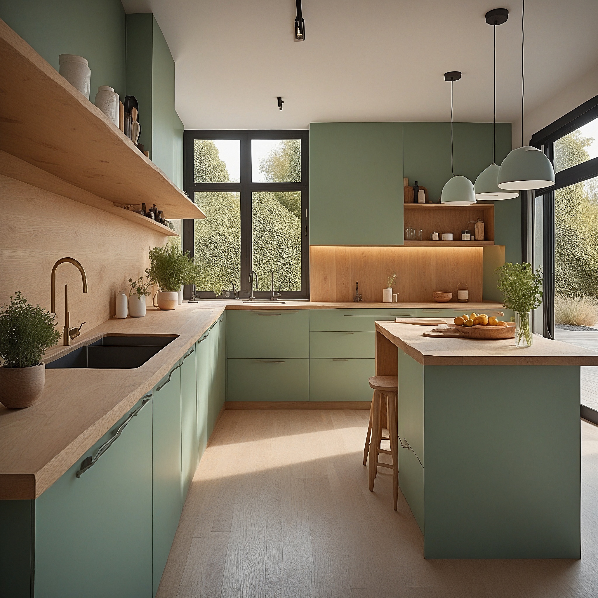 Scandinavian-styla light Green Kitchen With White Countertops and Natiral Wood