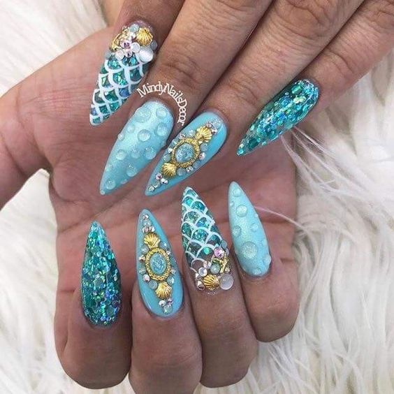 Sea Green And Blue Naild With Gold Accents