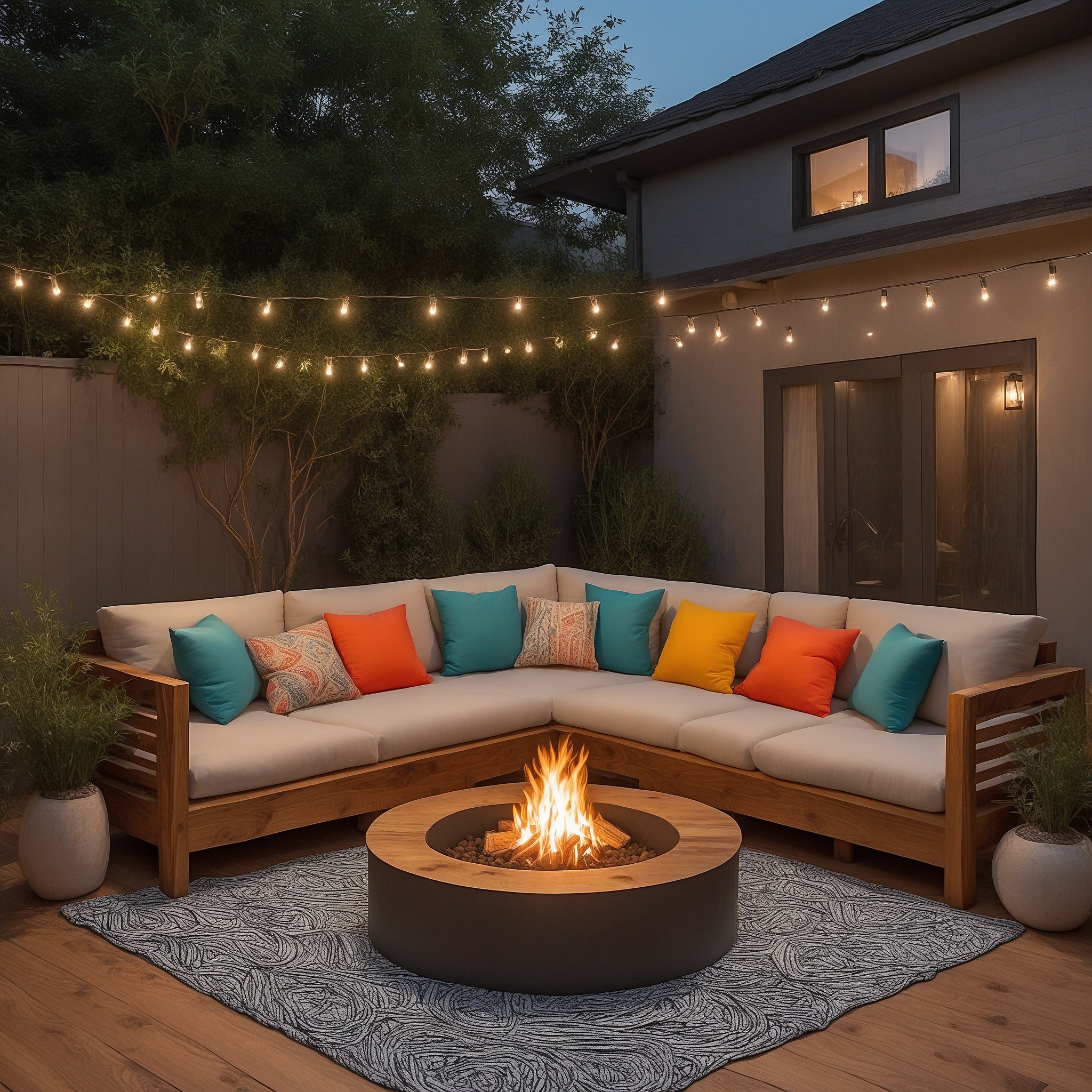 Sectional Sofa, Fire Pit And String Lights