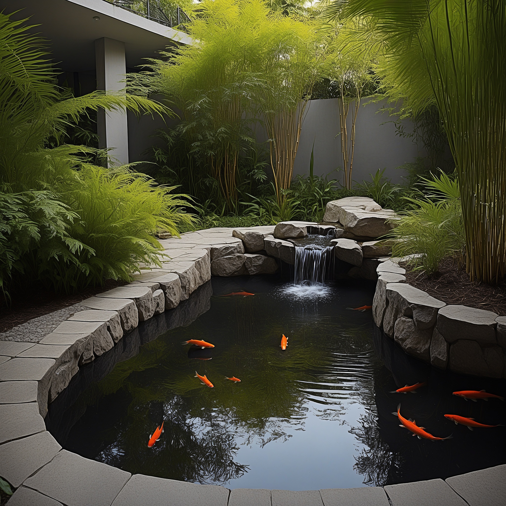 Serene Koi Pool Surrounded With Bamboo and Ferns