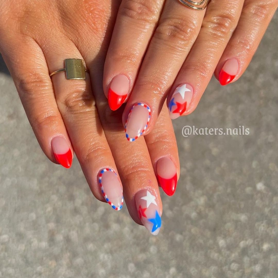 Short Clear Nails With Red White And Blie Designs