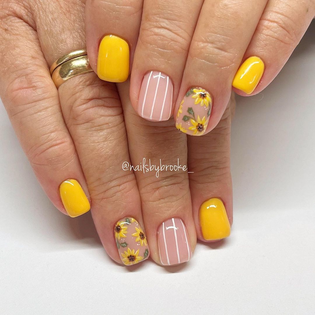 Short Nude and Yellow Nails With Sunflower Design And White Lines