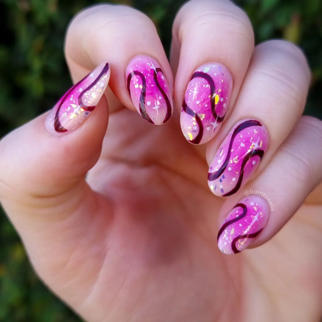 Short Pink Aura Nails With Magenta Lines