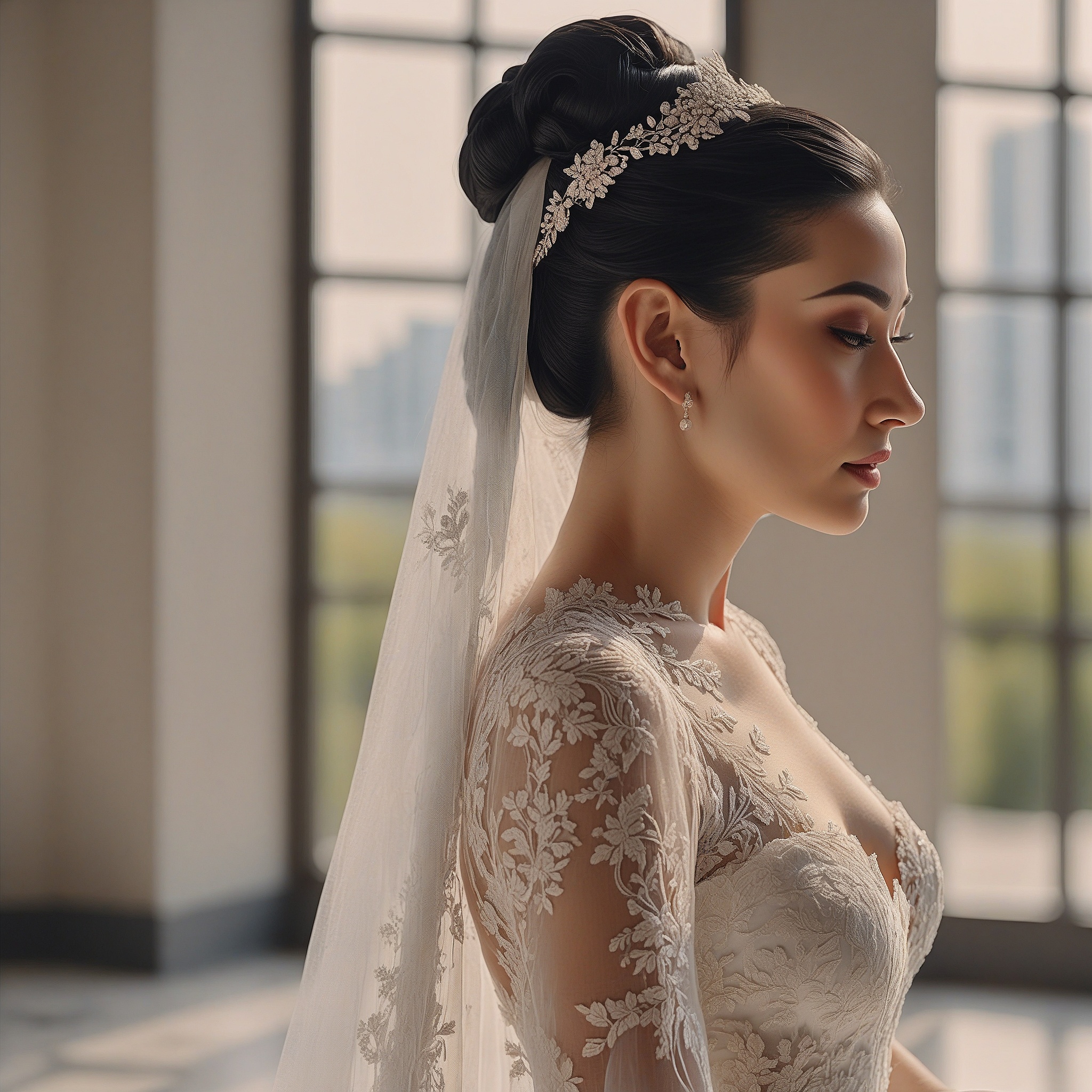 Sleek High Bun and Delicate Lace Veil