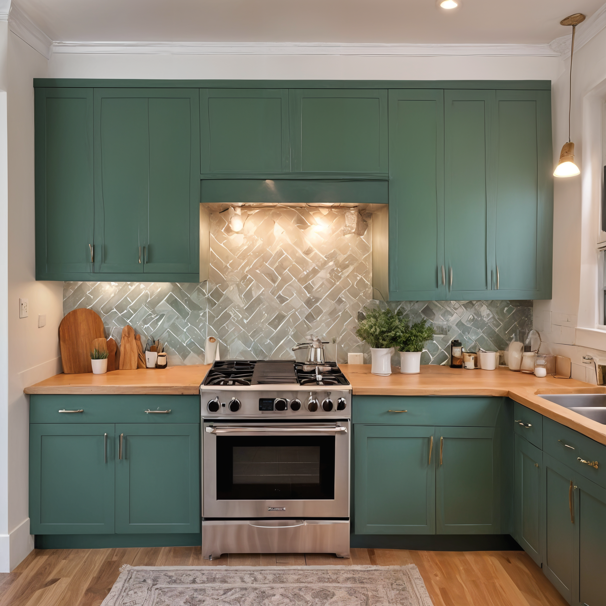 Small Caldwell Green Kitchen, Oakwood Countertops, Herringbone Light Gray Backsplash