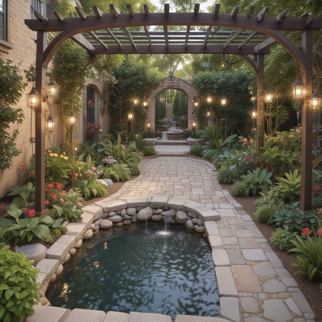 Small Garden with a Trellis Archway, Paved Pathways, And Water Feature