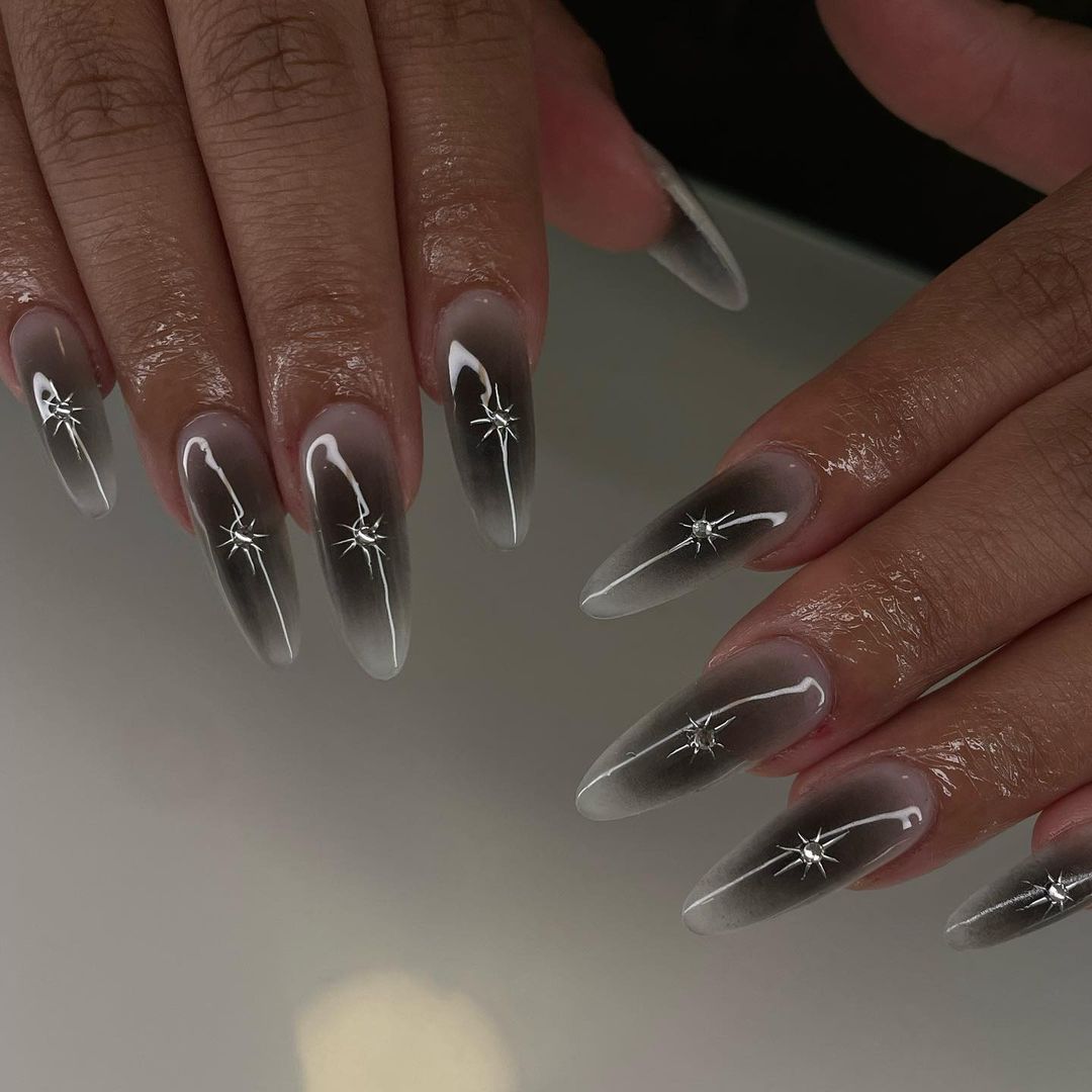 Smokey Clear And Gray Aura Nails