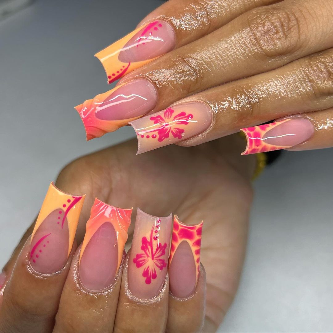 Square Clear Nails With Sunset Peach And Pink V-tips