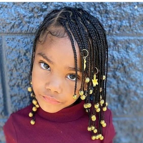 Square Parted Bix Braids With Gold Beads