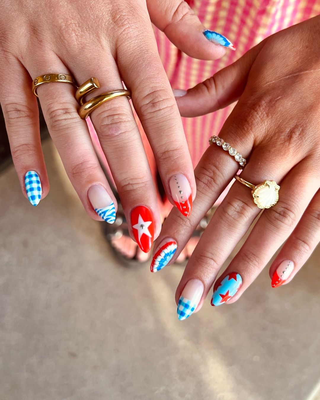 Stars, Gingham Pattern, Tigar Patern In Red White And Blue