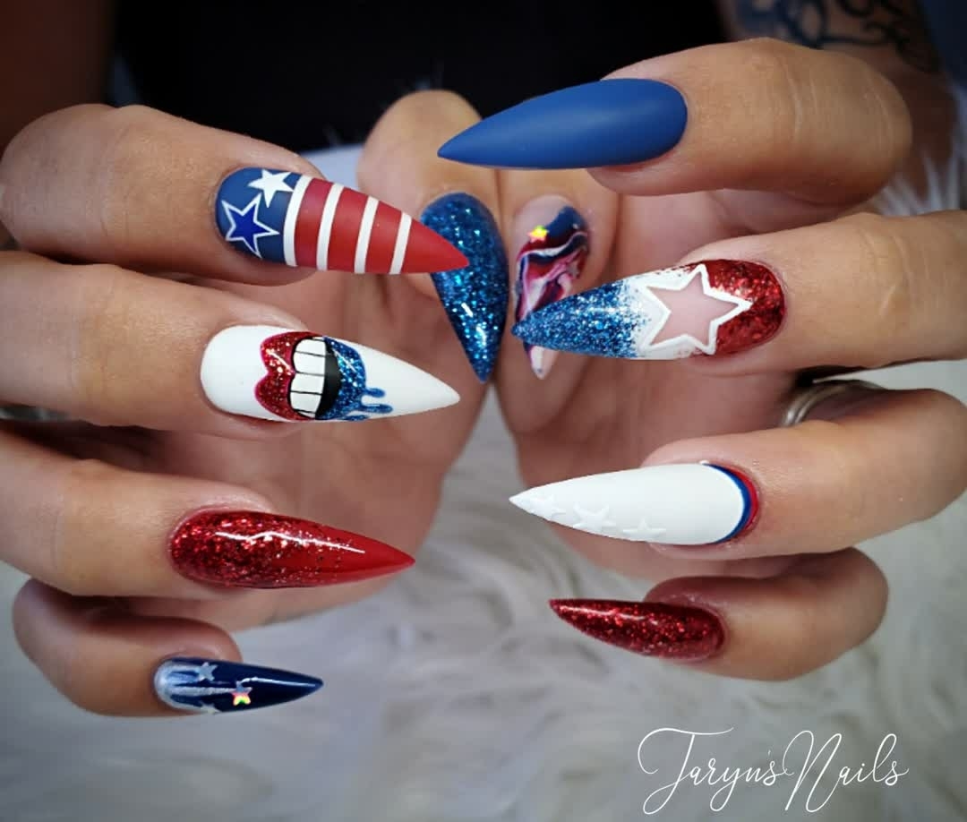 Stiletto Nails With Patriotic Stickers And Glitter