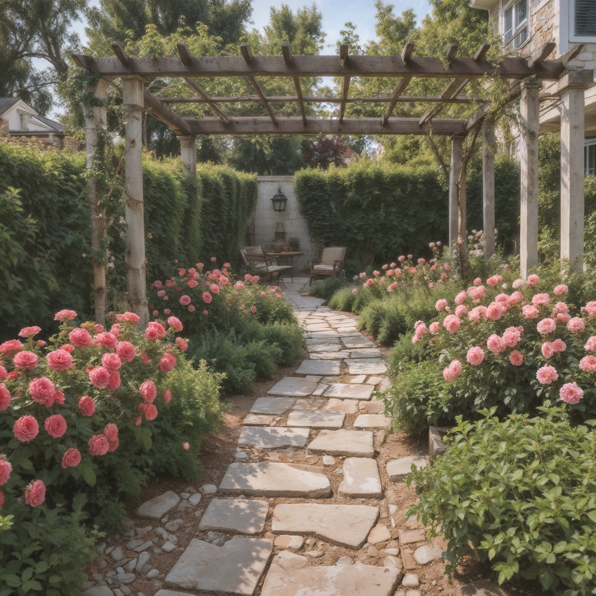 Suburban Backyard With a Stone Pathway And Pergola