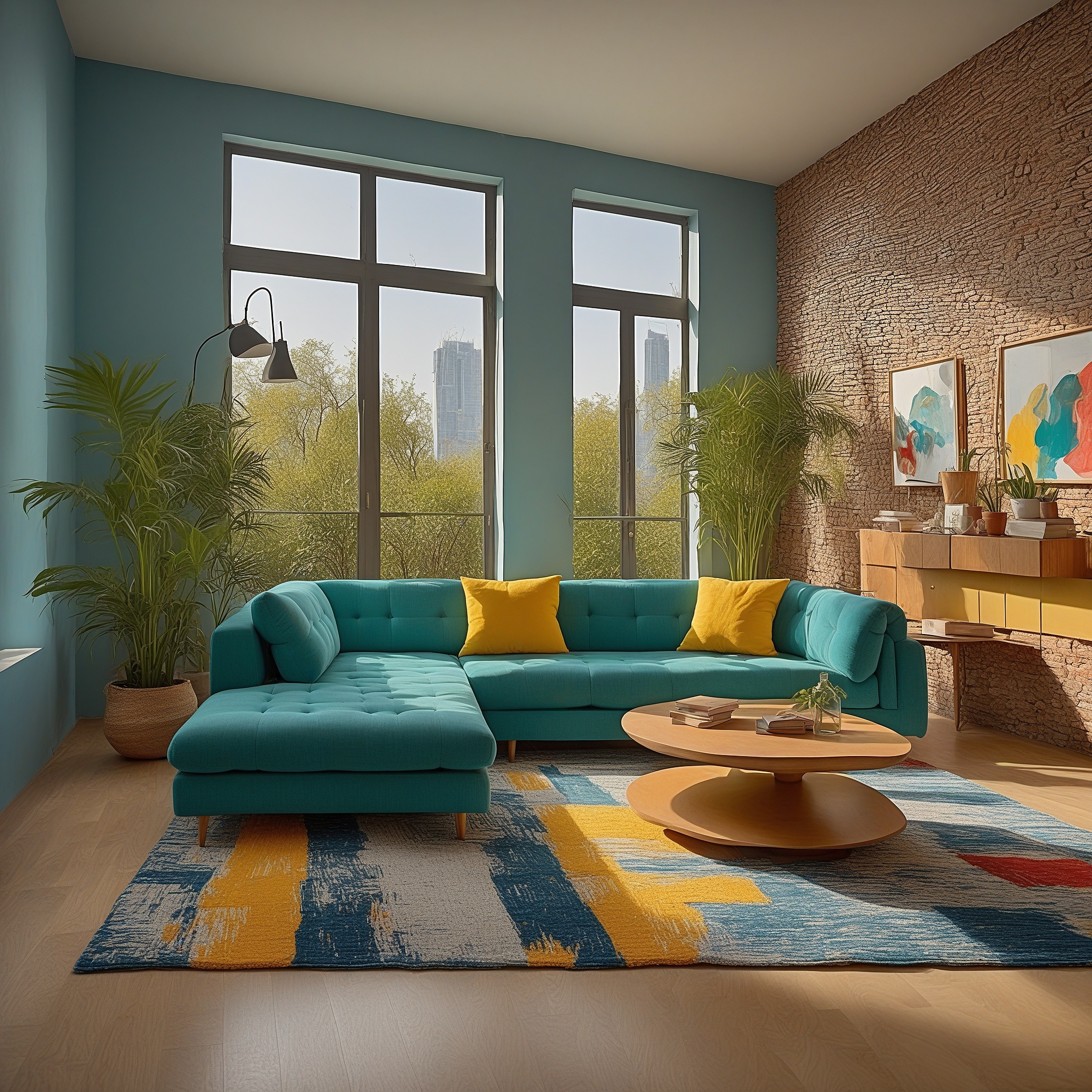 Teal And Yellow Living Room With Brick Wall