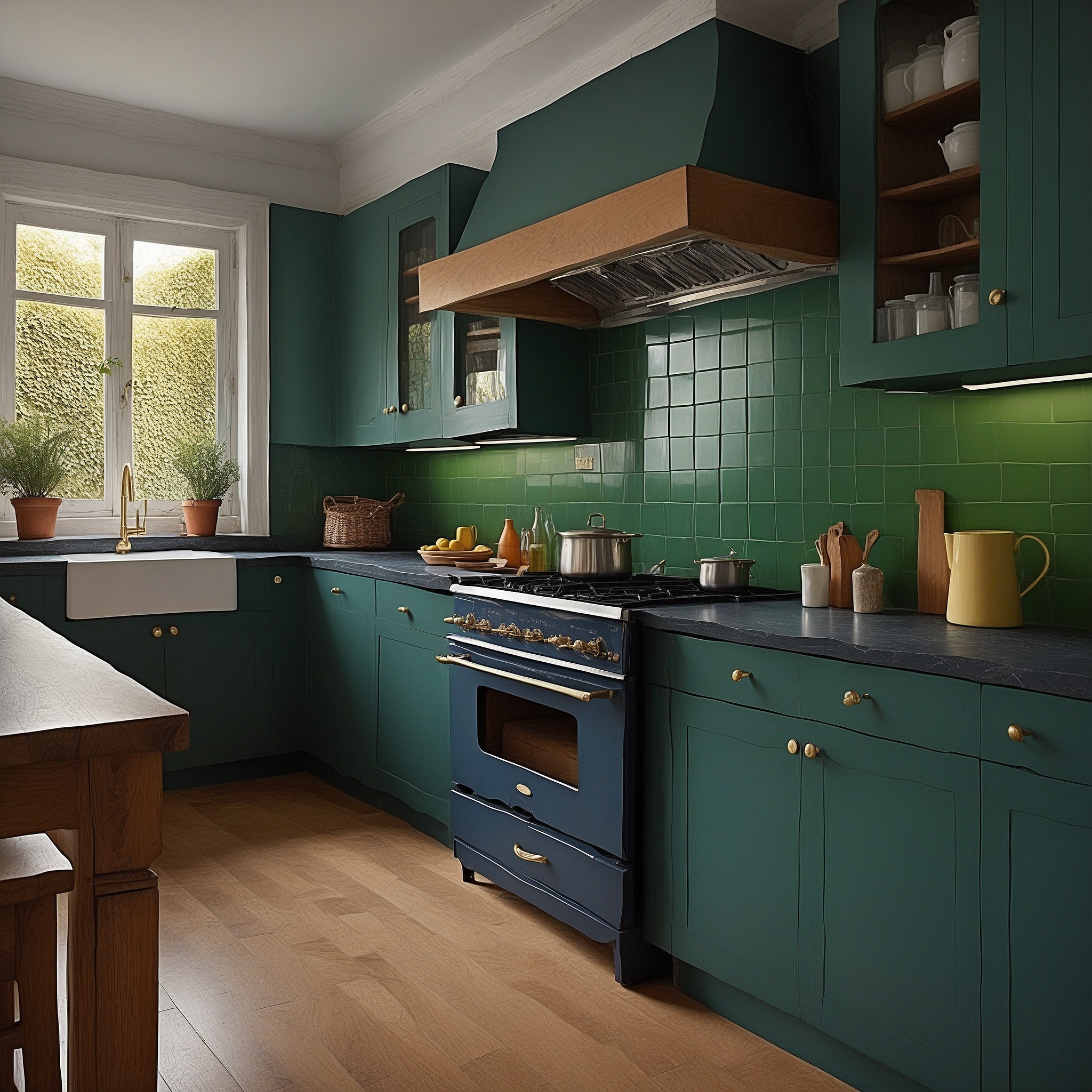 Traditional Forest Green Kitchen With Navy Blue Countertops