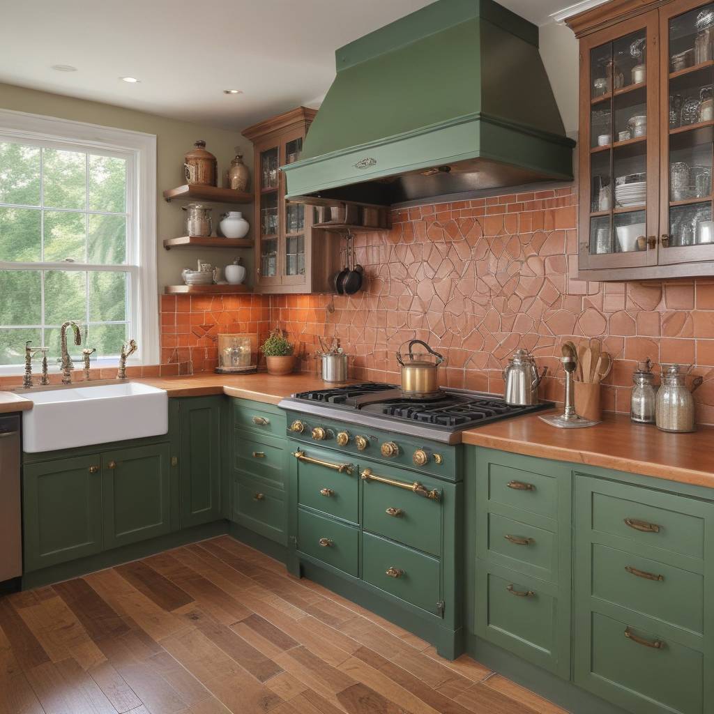 Traditional Green Kitchen With Redwood Countertops and Glass Panel Cabinets