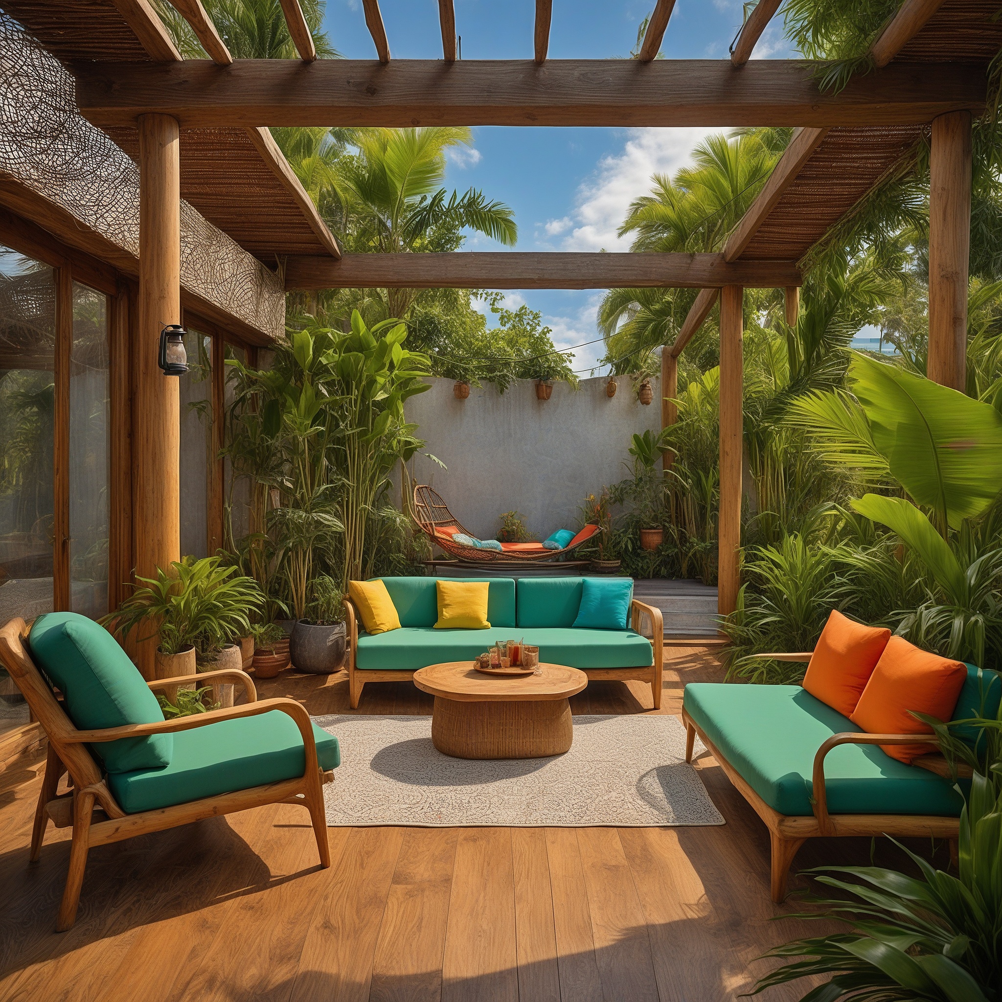 Tropical Back Patio With Bamboo Furniture, Colorful Hammocks