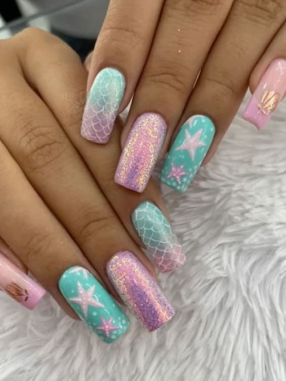 Turquise And pink Shimery Mermaid Nails With Starfish Design