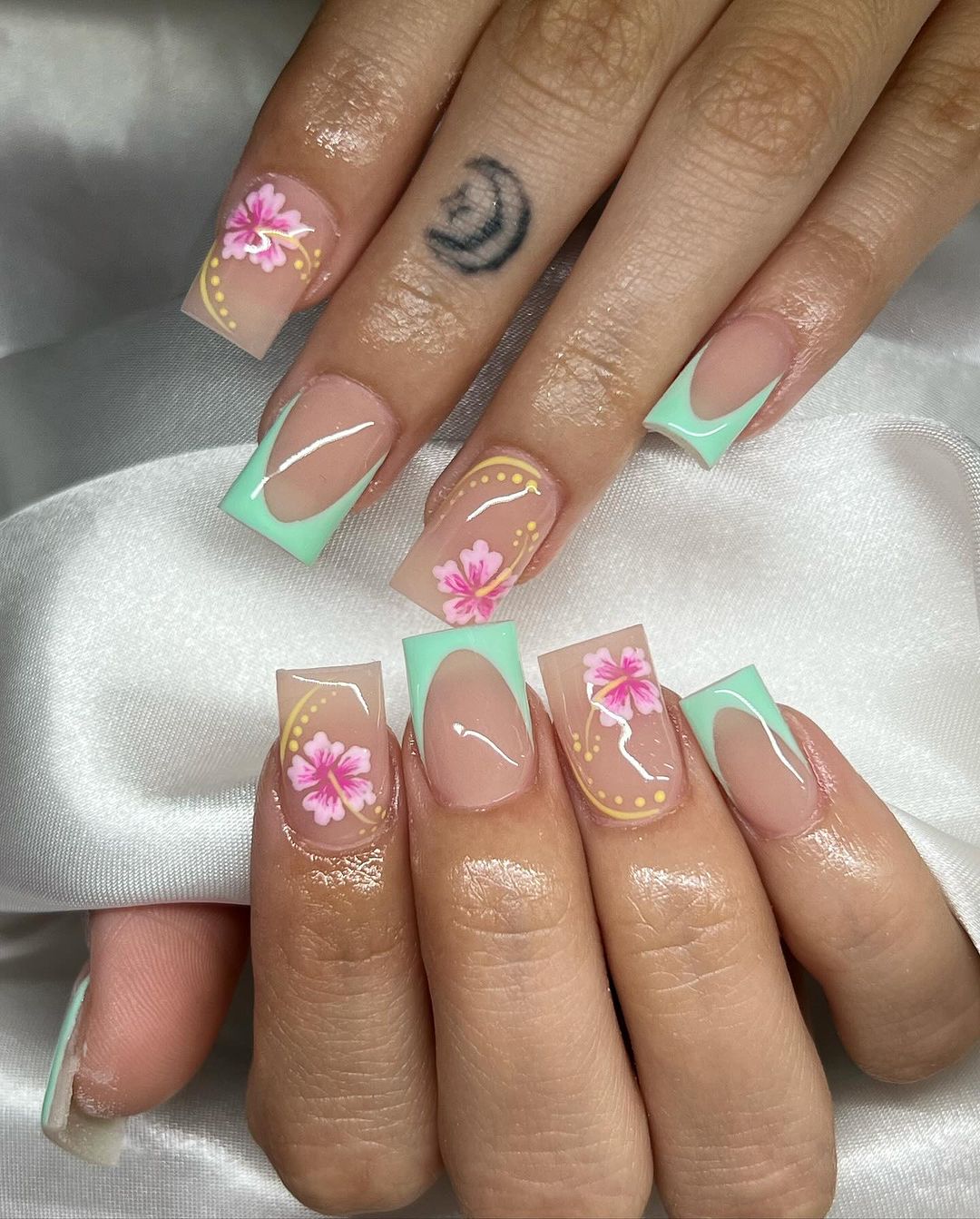 Turquise Tips Clear Square Nails With Pink Hibiscus Design