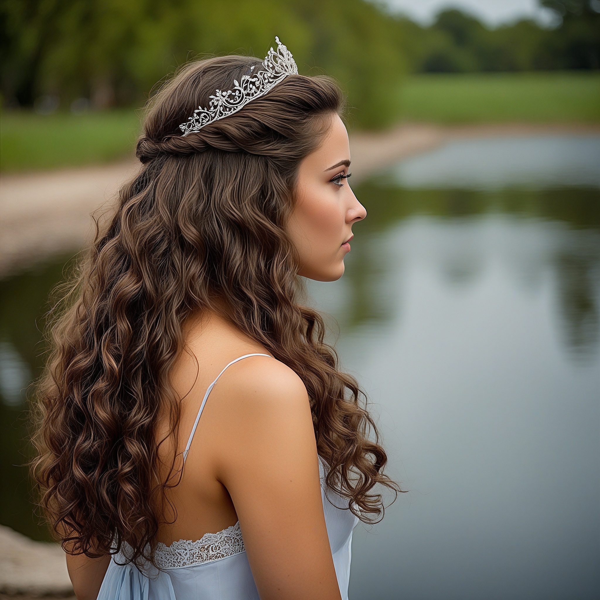 Twisted Pulled Back Half-up Half-down With a Delicate Tiara