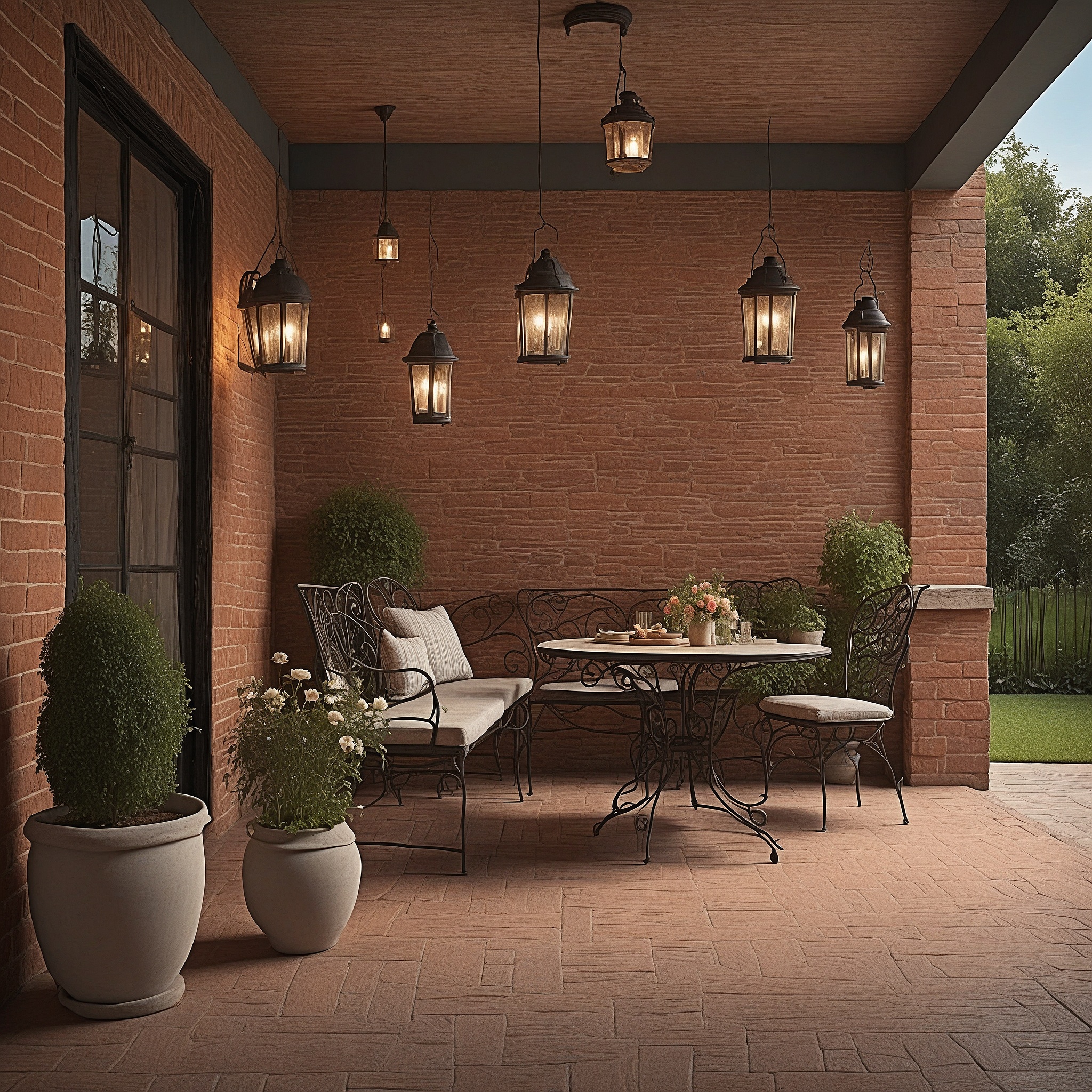 Vintage Brick Patio, Wroth Iron Seating And Table