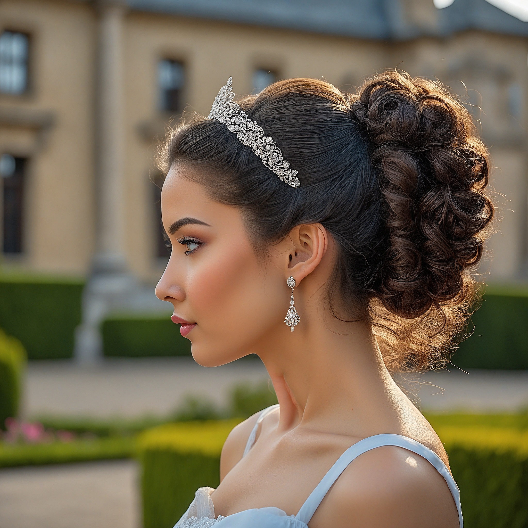 Voluminous Curly Bin With Slicked Back Hair And Tiara