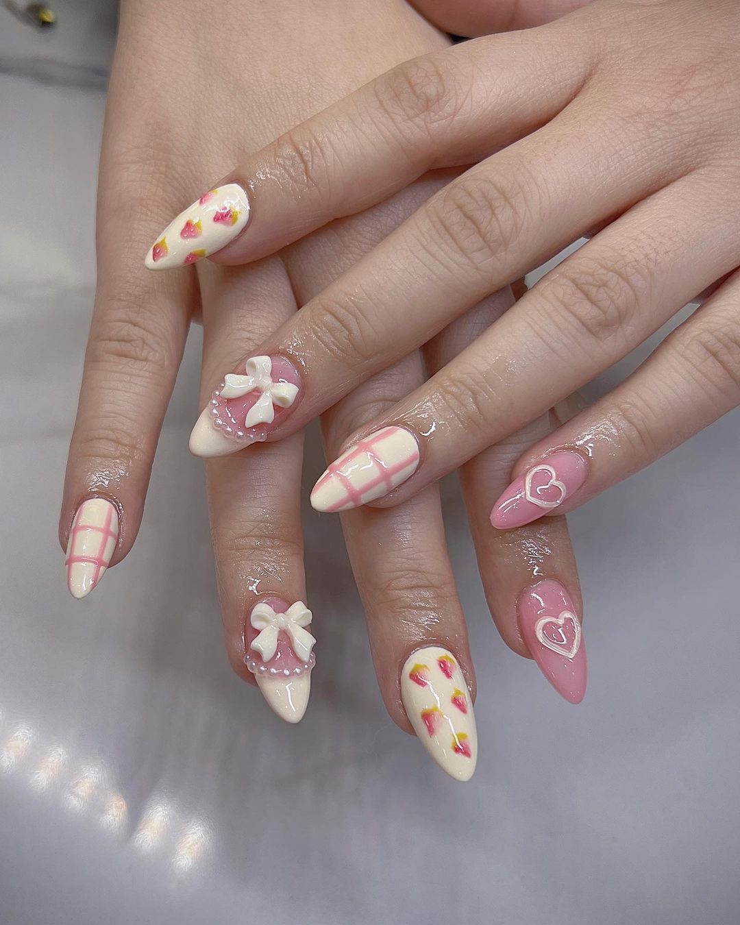 White And Pink Nails With 3D Bow