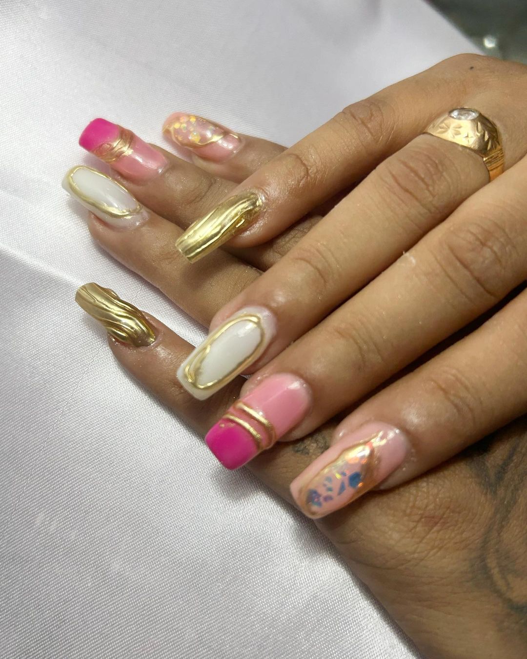 White, Pink Ombre Nails With Gold Acrylic Lines