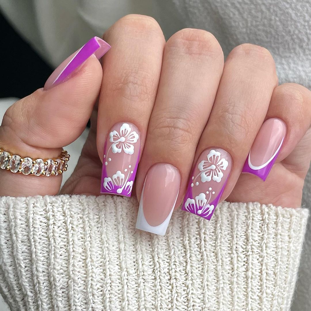 White and Purple French Tip With White Hibiscus Design