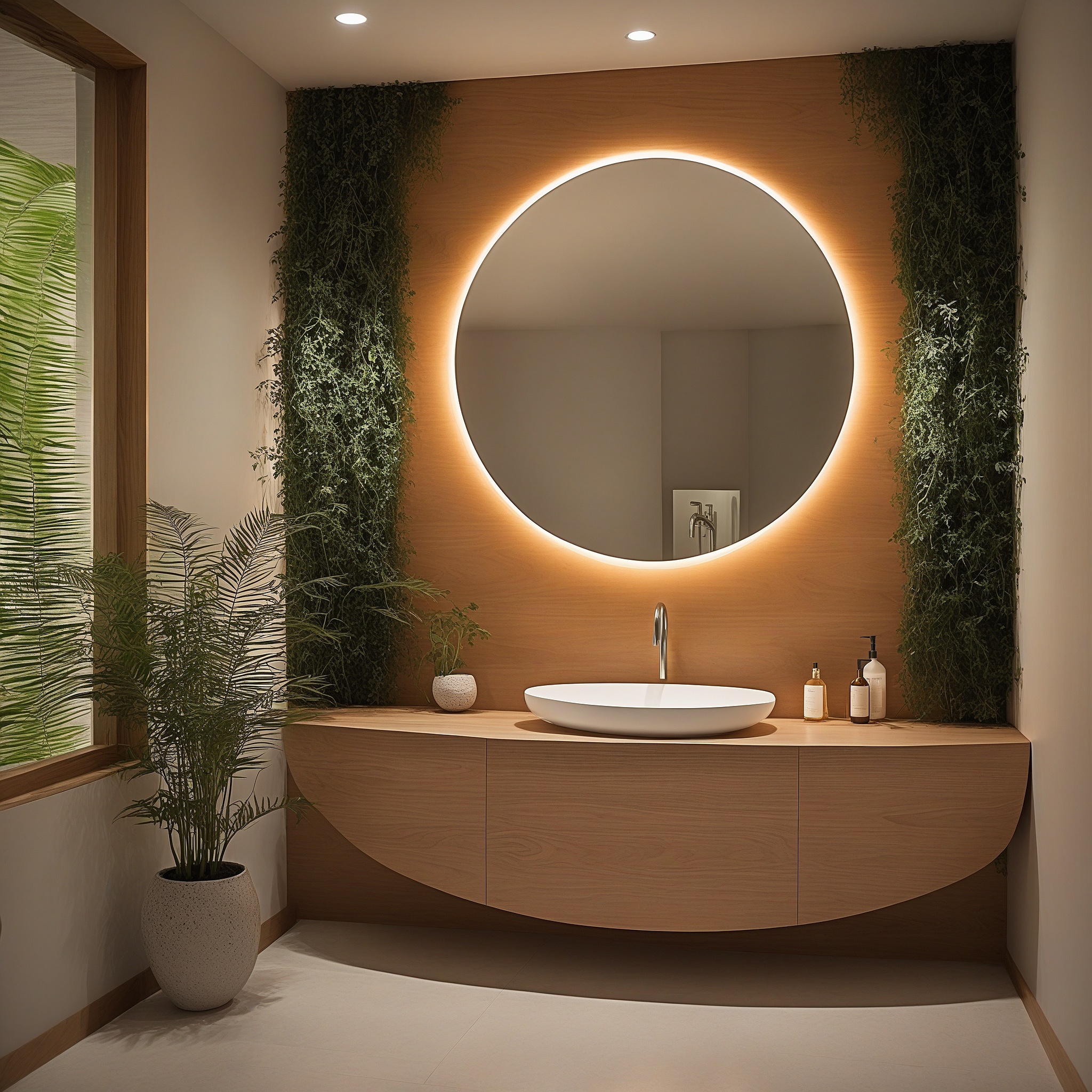 Wood Bathroom Vanity With Backlit Mirror And Plant Decor