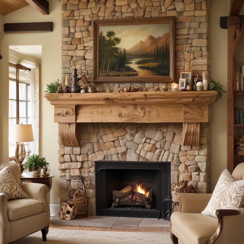 Wood Beam Mntel On Stone Fireplace