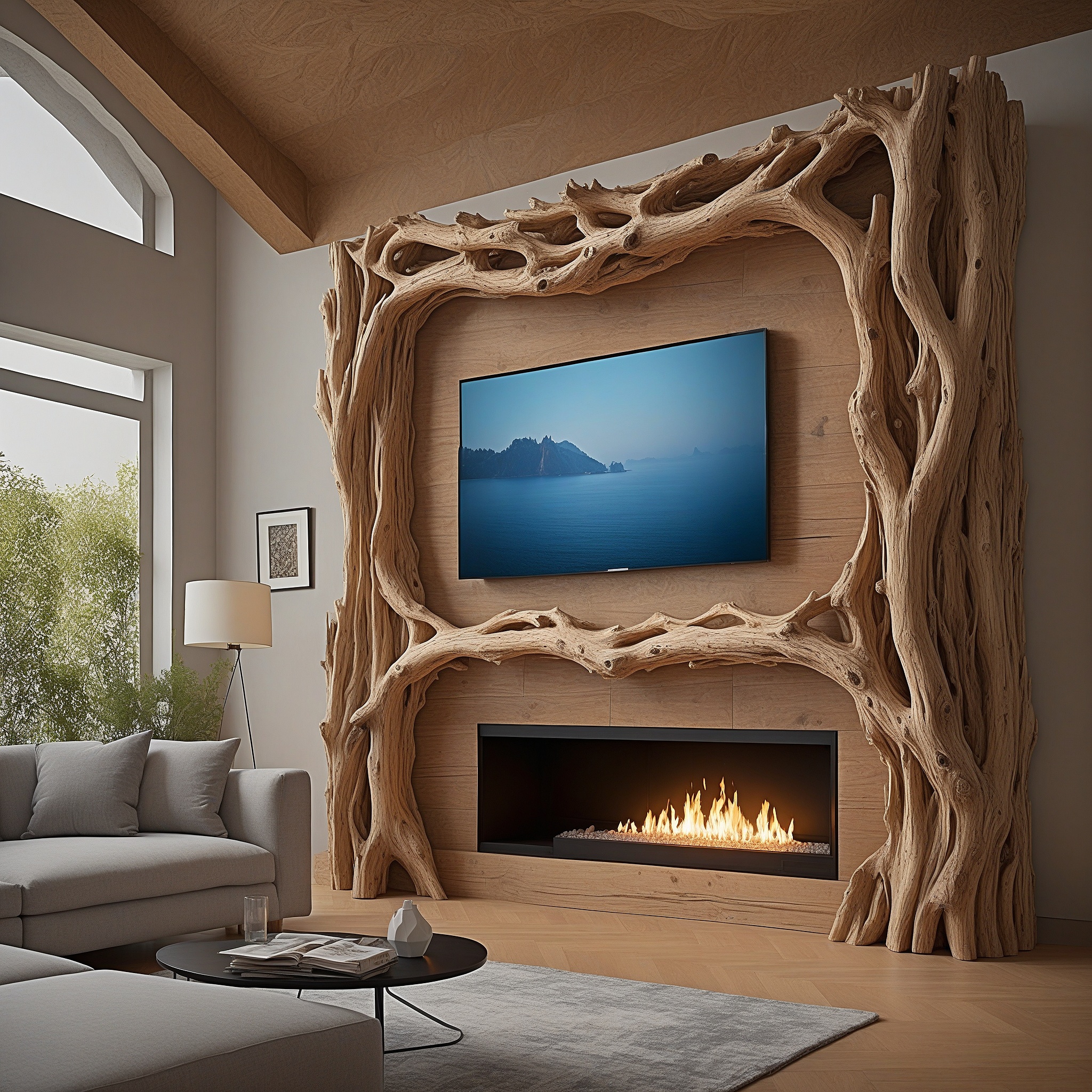 Wood Sculpted Frame and Mantel For TV Over Fireplace