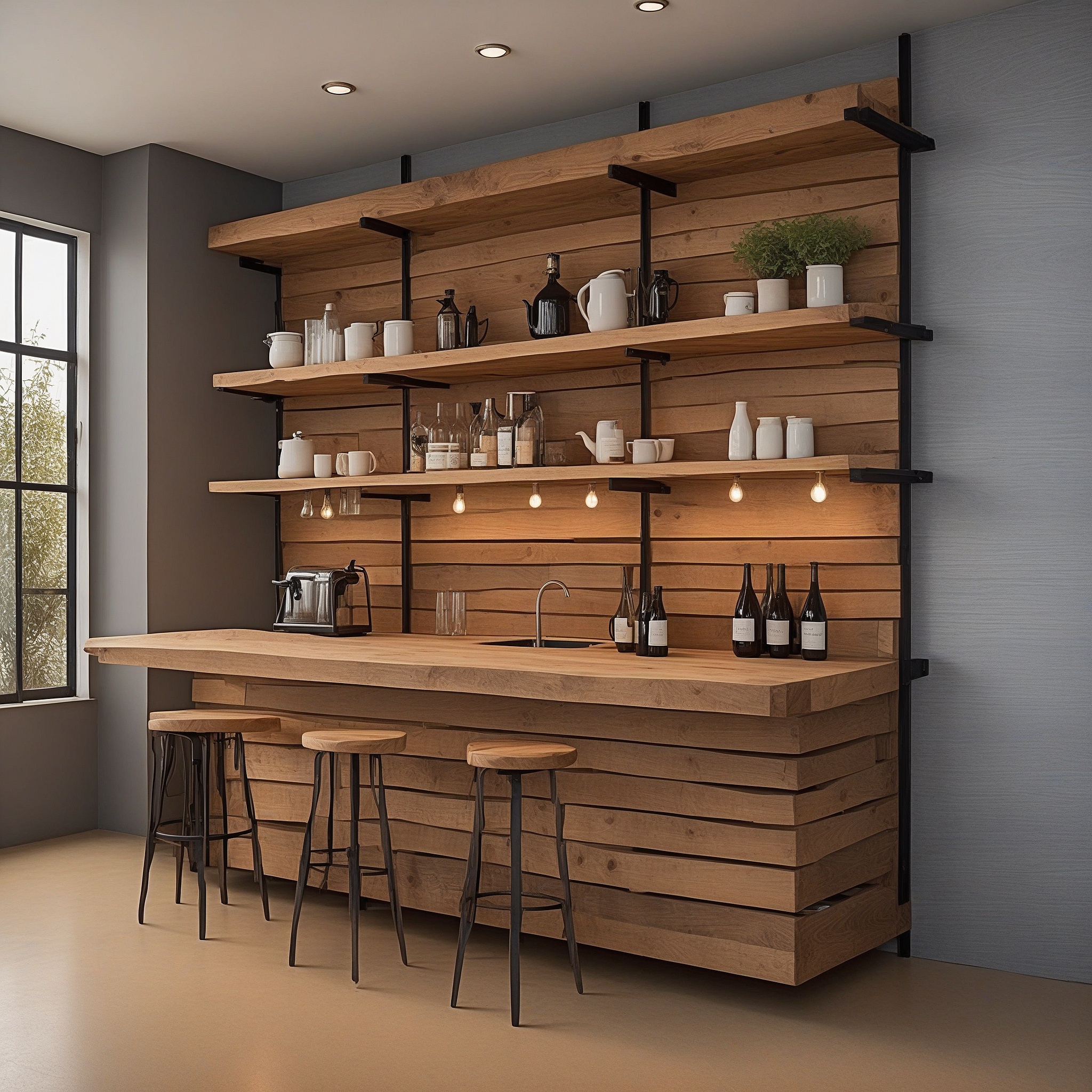 Wood Slat Coffee Bar Station With Floating Shelves