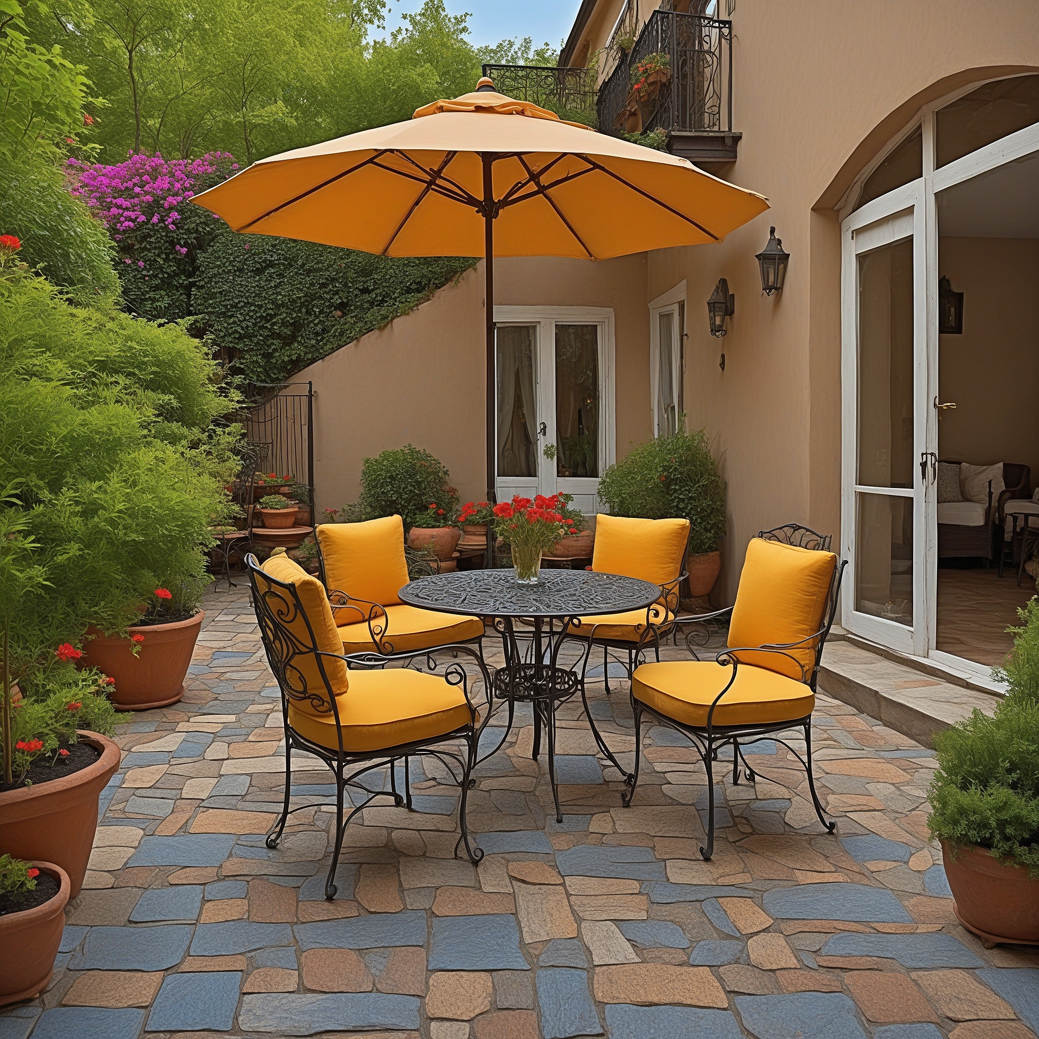 Wroth Iron Bistro Set, Colorful Cushions And Cobblestone Floor