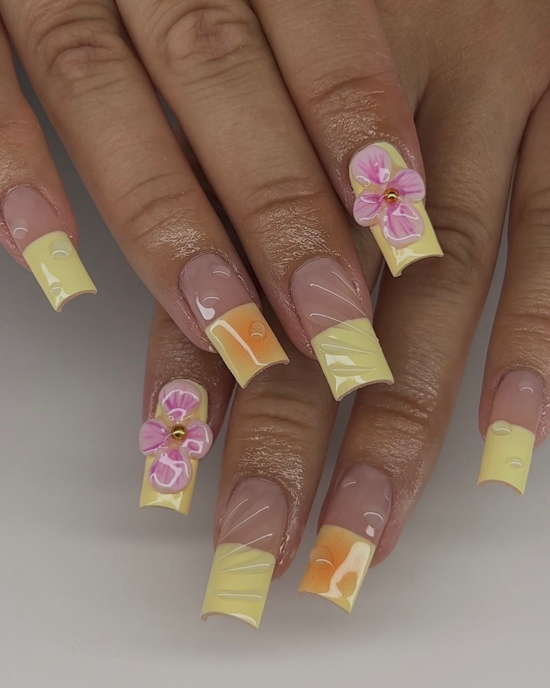 Yellow And Orange French Mani With 3D Pink Flower