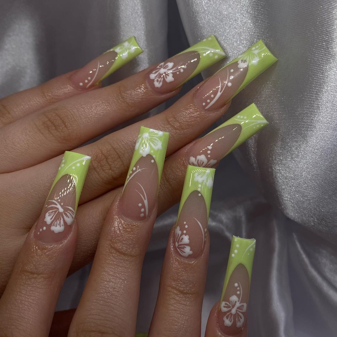 Yellow French Tip Nails With White Hibiscus