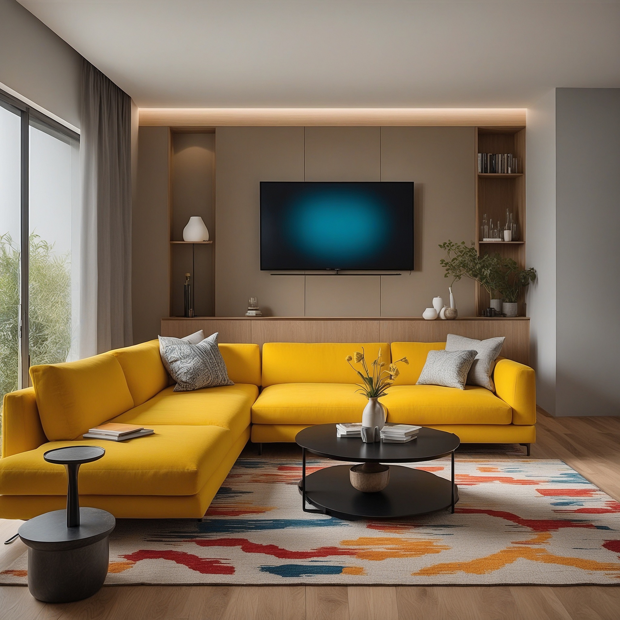 Yellow, White And Brown Living Room