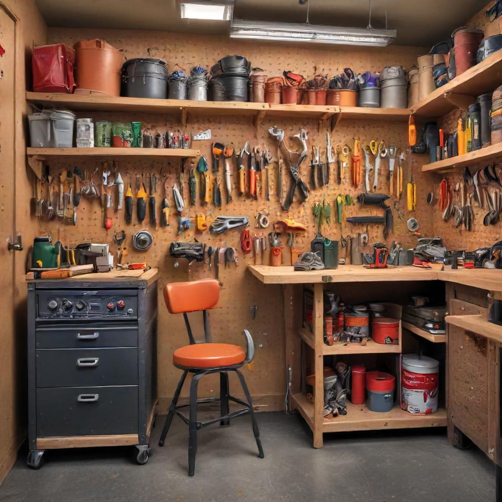 floor-to-ceiling shelves, a pegboard with tools, and a custom workbench