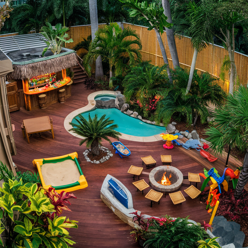 A Tropical-themed Family Backyard, Wooden Deck, Tiki Bar, Small Swimming Pool,Children's Play Area, Fire Pit