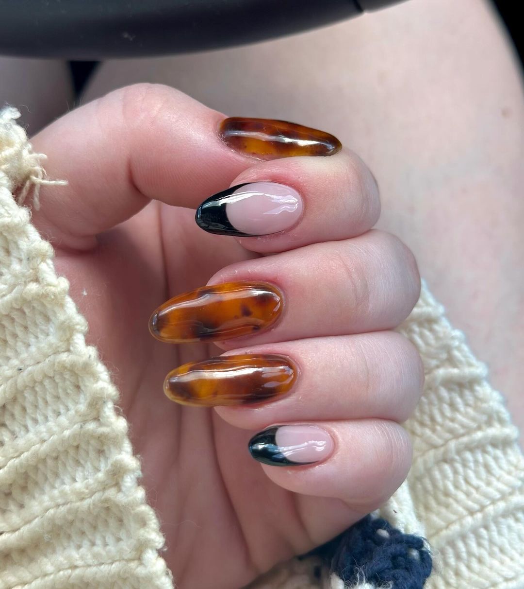 Amber And Black French Tip Nails