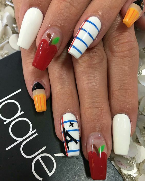 Apple, Pencil And Notebook Nail Art